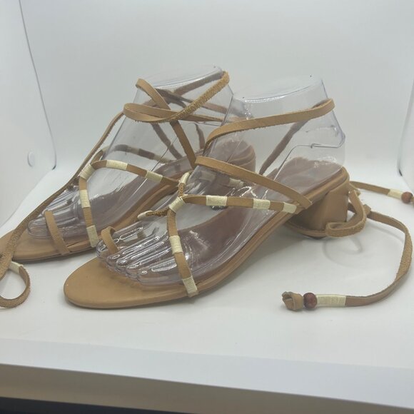 Free People Strappy Tan & Cream Lace-Up Sandals Heel beaded 38 - Picture 3 of 10